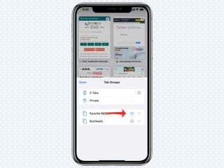iOS 15 の Safari の [タブ グループ] メニューにある 3 つの点ボタンを指す赤い矢印