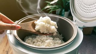 炊飯器からお米をスプーンですくう