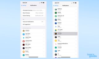 iOS の通知設定メニューでアプリを選択する方法を示すスクリーンショット