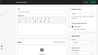 Shopifyのウェブサイトビルダーの製品追加画面