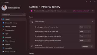 Windows 11 の電源とバッテリーのスクリーンショット