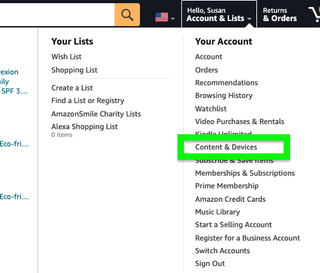Kindle がインターネットにアクセスできなくなるかどうかを確認する方法: [コンテンツとデバイス] を選択します。
