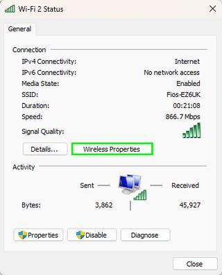 「ワイヤレス プロパティ」が強調表示された Windows 11 ネットワーク ページ。Windows 11 で Wi-Fi パスワードを確認する方法を示しています。