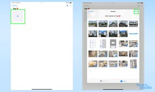 写真をアルバムに入れる方法を示す iPad の 2 つのスクリーンショット