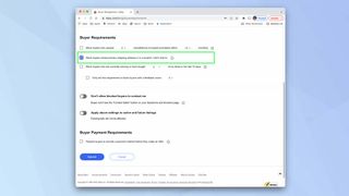 「プライマリアドレスがブロックされている購入者」が強調表示されている eBay の購入者要件ページ