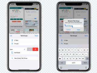 iOS 15 の Safari でタブ グループ名をスワイプして名前変更することで編集フィールドを見つける方法を示す画面