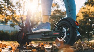 電動スクーターの安全な乗り方：落ち葉で覆われた道路を電動スクーターに乗る人